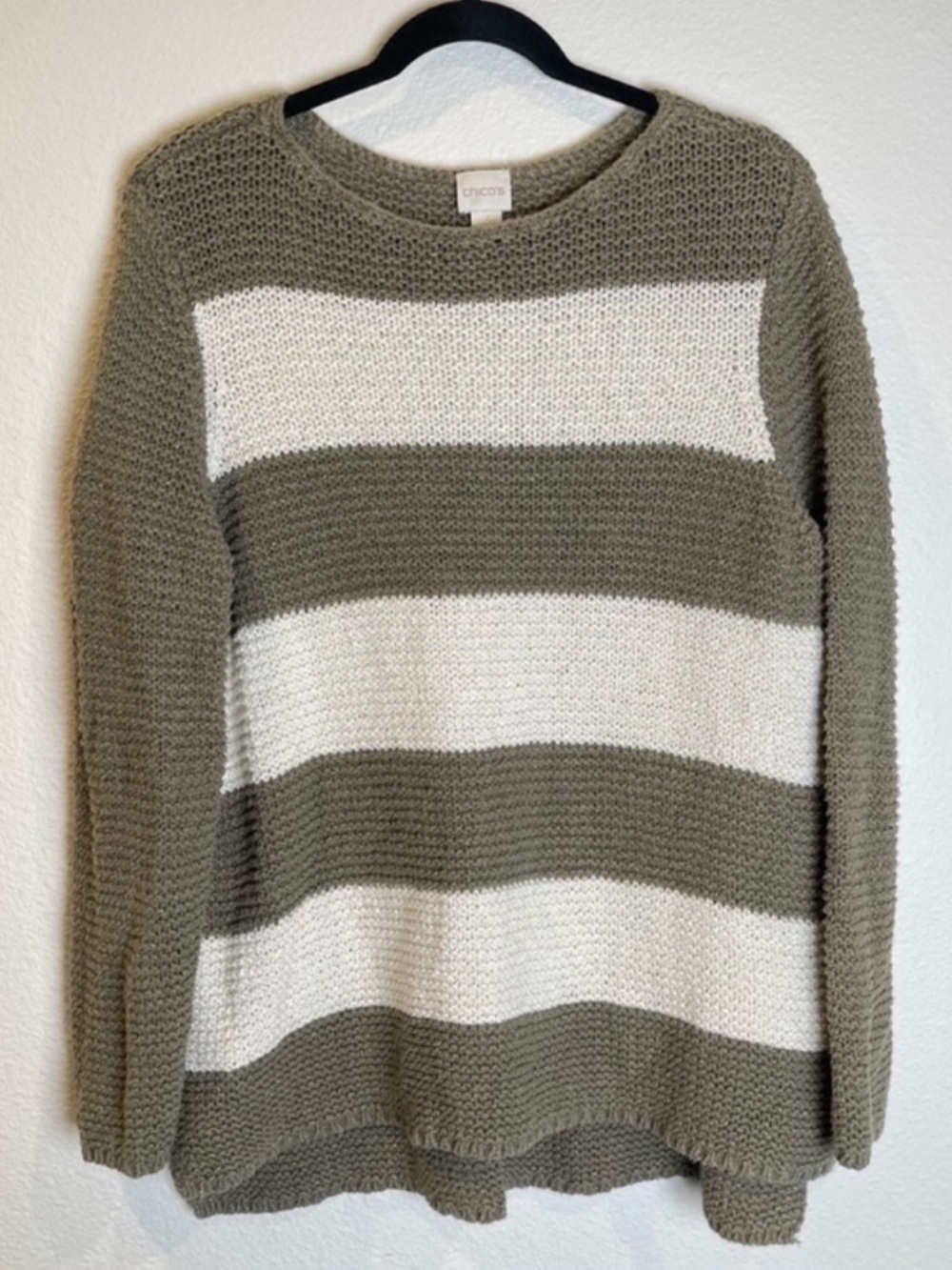 Chico's Knit Pullover Tunic Sweater Size 3 XL Olive Green Stripe Cotton Shimmer